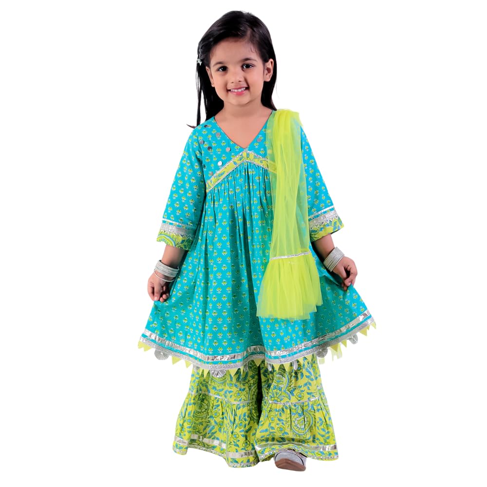 Jaipur Girls Green Cotton Kurta with Sharara with Dupata Ethnic Set-image-42