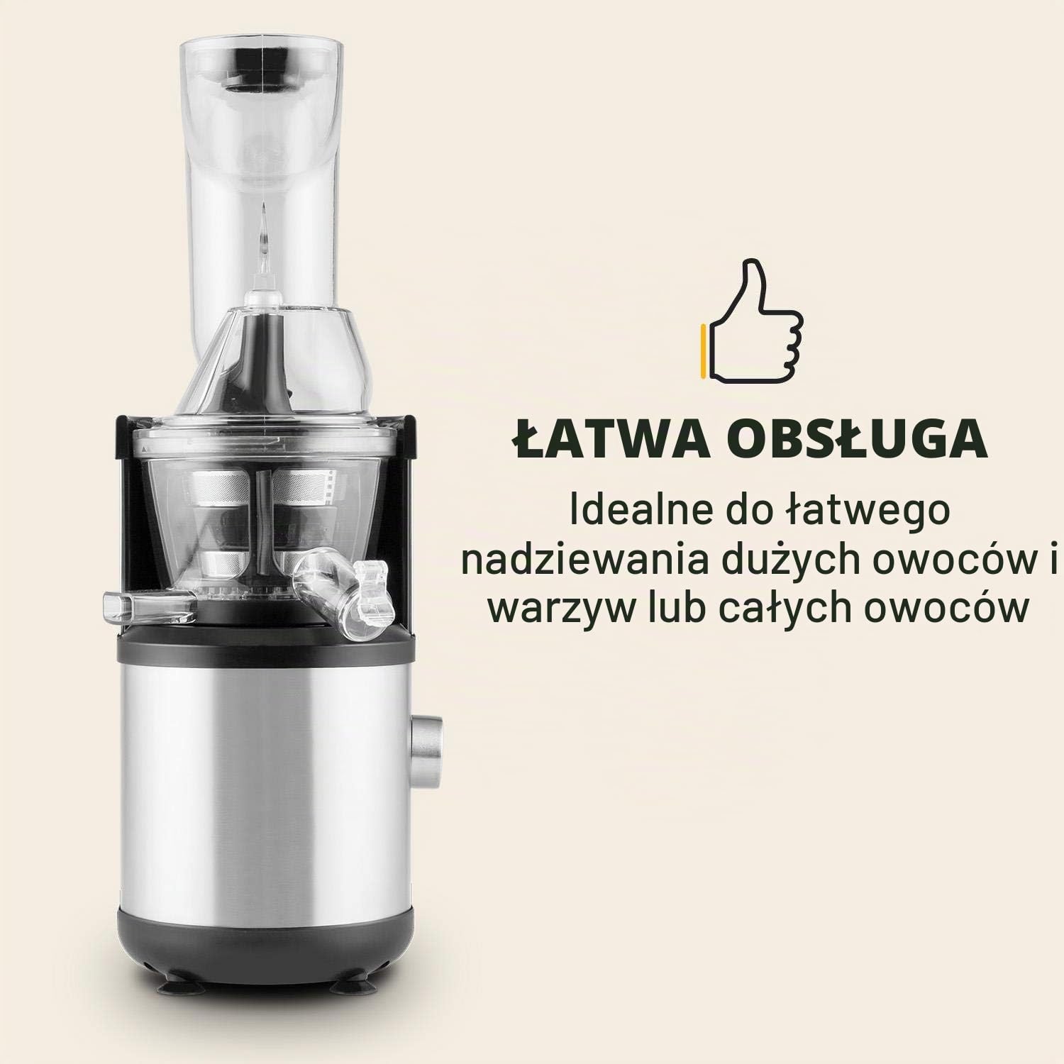 Klarstein Fruitberry - Wyciskarka do soków, Pionowa wyciskarka, Bardzo drobne mikrosito ze stali, Slow Juicer, 400 W, 60 obr/min, Bez BPA, W zestawie dwa pojemniki, Otwór wsadowy 8,5cm, cicha, srebrna