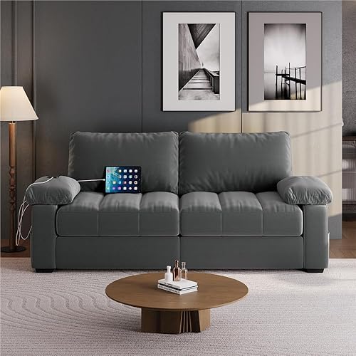 Yaheetech 79" Velvet Couch, Comfy Sofa with Pocket Coils, Deep Seat, Storage Pockets and USB Ports, 2 Seater Modern Loveseat Sofas with Removable Cover, Pillow Top Arms for Living Room Apartment Gray - Grey