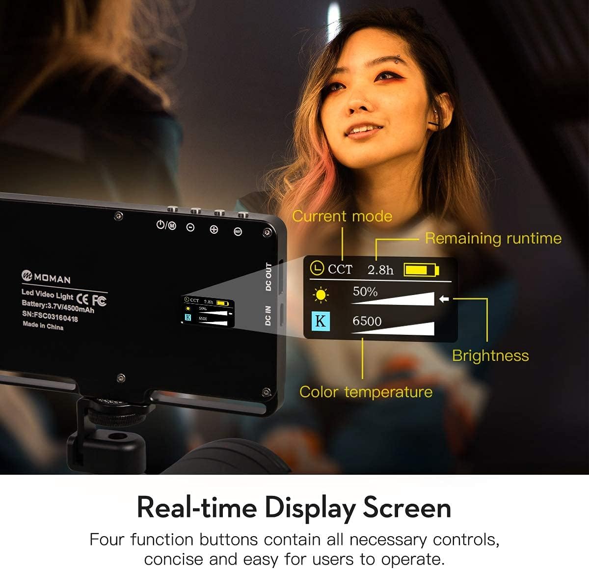 Diagram illustrating the Moman MFL-06RC RGB LED Video Light's Type-C charging port, 4500mAh battery capacity, and quick charge time of 3 hours.