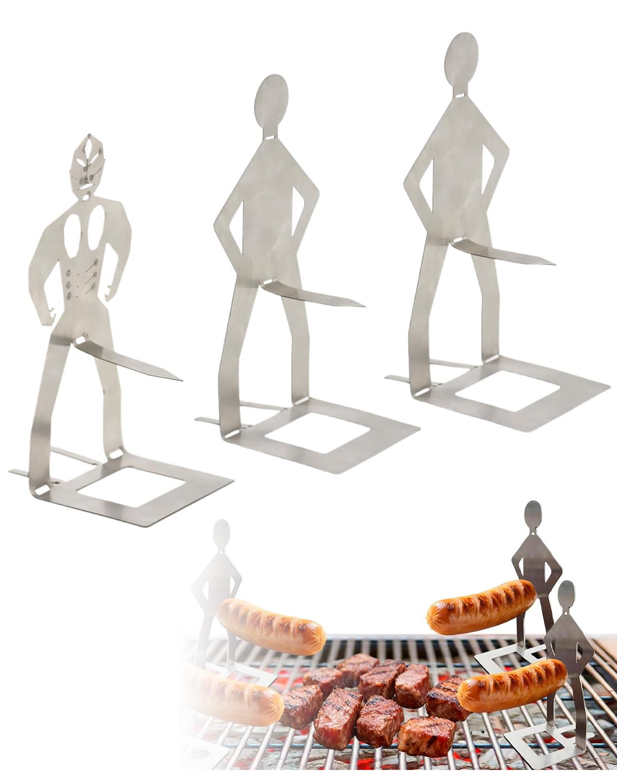 UZEXYO 3 Pack Stainless Steel BBQ Sausage Holder Hot Dog Grill Tool Funny Man Shaped BBQ Gadgets For Men Sausage Rack For Outdoor Grilling Camping Tailgate Party Gifts