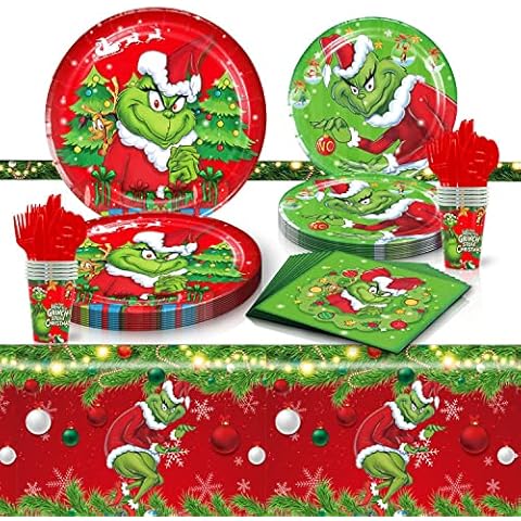 Powmag Christmas Tableware Set, Christmas Decoration Disposable Dinnerware Set with Xmas Banner Tablecloth Napkin Christmas Paper Plates and Cups Knife and Fork (Christmas Tableware Set Style 2) Cover