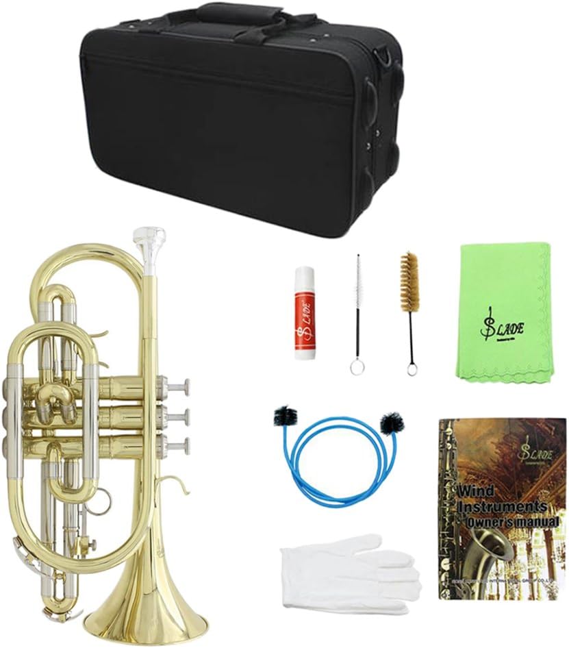 YIJU Exquisite Golden Bb Cornet Brass Instrument Set for Students Beginners : Musical Instruments