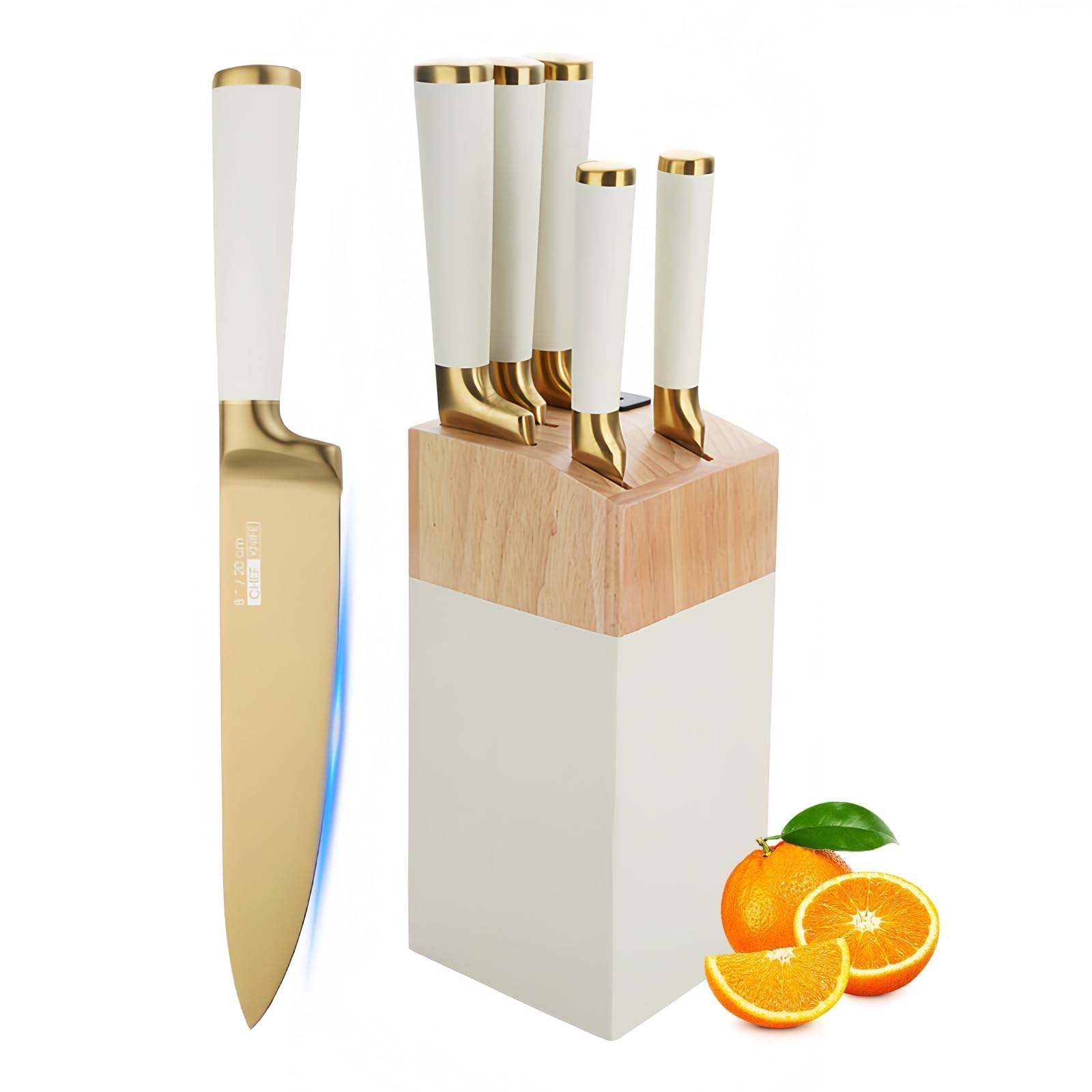 Justup Ensemble de couteaux, ensemble de 6 couteaux revêtus de titane avec bloc en bois rose, ensembles de couteaux de chef en acier inoxydable tranchants pour la cuisine, aiguiseur intégré (Blanc)
