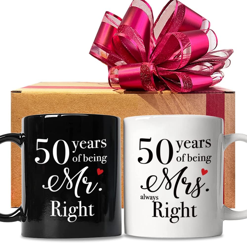 FALJIOK 50 Year Anniversary Coffee Mugs Set of 2, 50 Years of Being Mr Right & Mrs Always Right Mug 11oz, 50th Wedding Anniversary Mug Gifts for Couple Parents Grandparents
