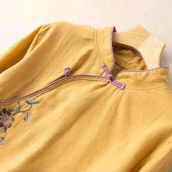 Cotton Linen Shirts for Women Chinese Traditional Embroidered Mandarin Collar Button Blouse 3/4 Sleeve Cheongsam Top