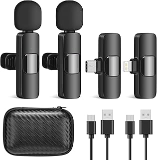 Wireless Microphone for iPhone iPad Android, (2 Mics & 2 Receivers) Plug-Play Wireless Lavalier Microphone for Video Recording, Auto-Sync Clip On Lapel Mic for YouTube/Facebook/TikTok/Interview/Vlog