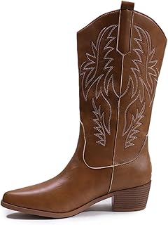 ZJWBB Women's Cowboy Boots Embroidered Western Cowgirl Mid Calf Boots Pointed Toe Chunky Heel Wide-calf Boots Vintage Pull...