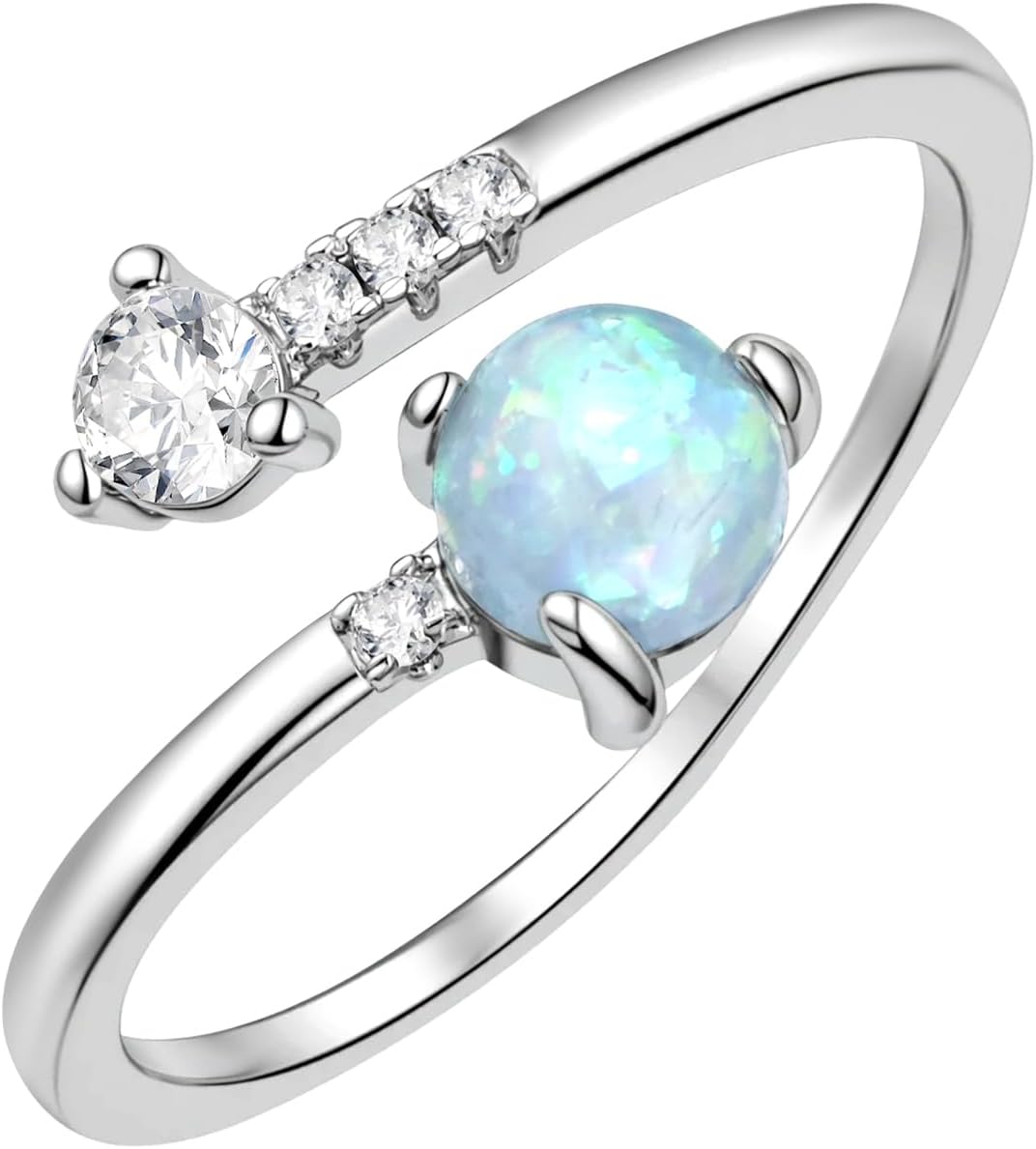 Blue Opal Cubic Zirconia Open Ring Dainty Adjustable Promise Stacking Silver Rings for Women Opal Jewelry
