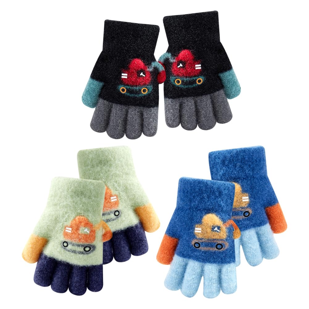 Hajxxmm Men's C Toddler Gloves, 3 Pairs Ute Artoon Kids Knit Gloves, Toddler Mitten, Boys Glove, Warm Soft Full-Finger Glove For Hildren Winter Outdoor Activities 2-6 Years Boys Girls