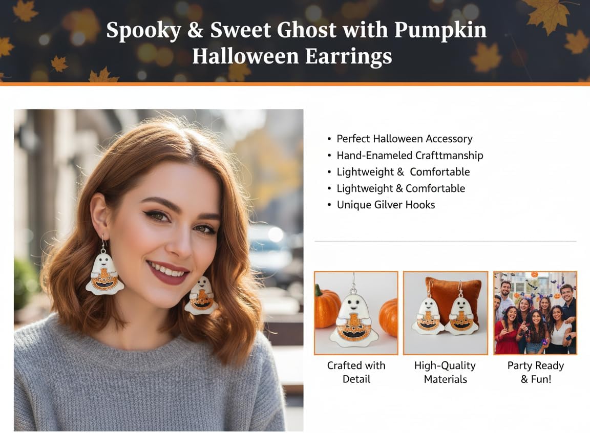 Halloween Ghost Dangle Earrings, Silver Plated White Enamel Spooky BOO Design Drop Earrings, Halloween Party Costume Jewelry for Women Gift - Image 3