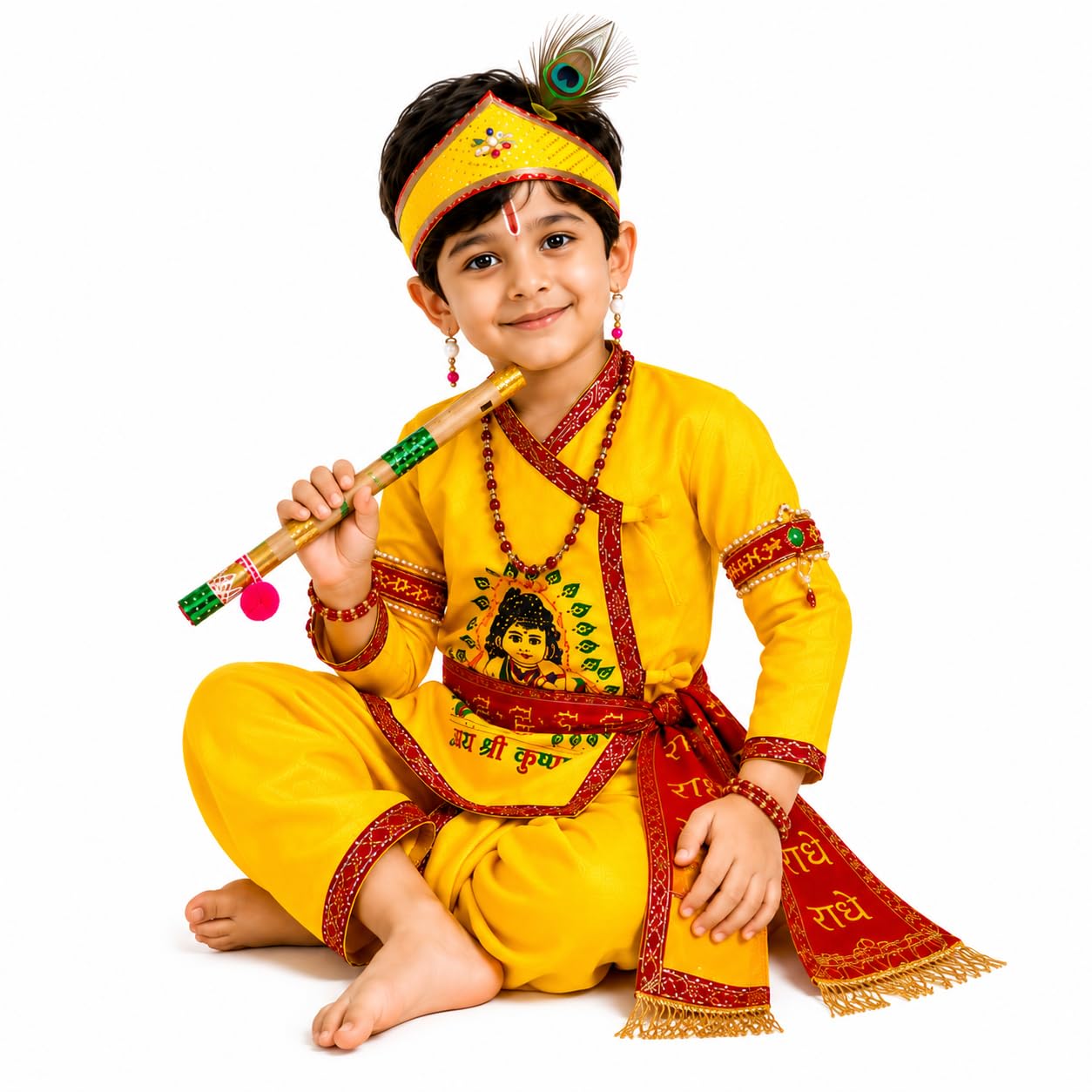 Kids Kanha Ji Fancy Dress Costume Set for Boys | Krishna Dress with Mukut, Mor Pankh, Bansuri, Patka, Mala & Accessories | Janmashtami Costume | Bal Gopal Fancy Dress (Yellow)-image-11