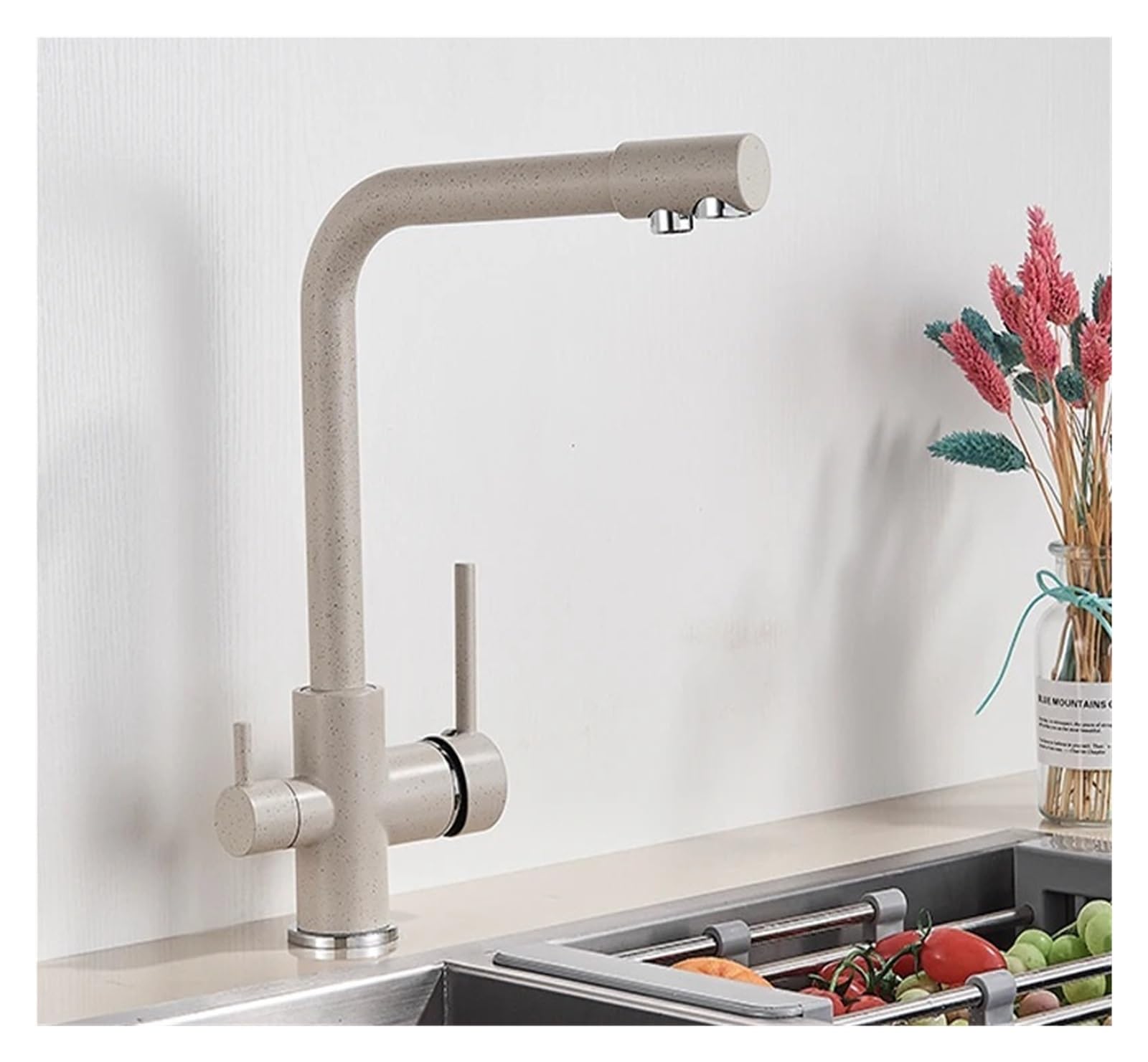 MXXQRHF Kitchen Faucets, 360 Degree Swivel Brass Dual Spray Purifier Vessel Sink Mixing Faucet (Beige with Dots A)