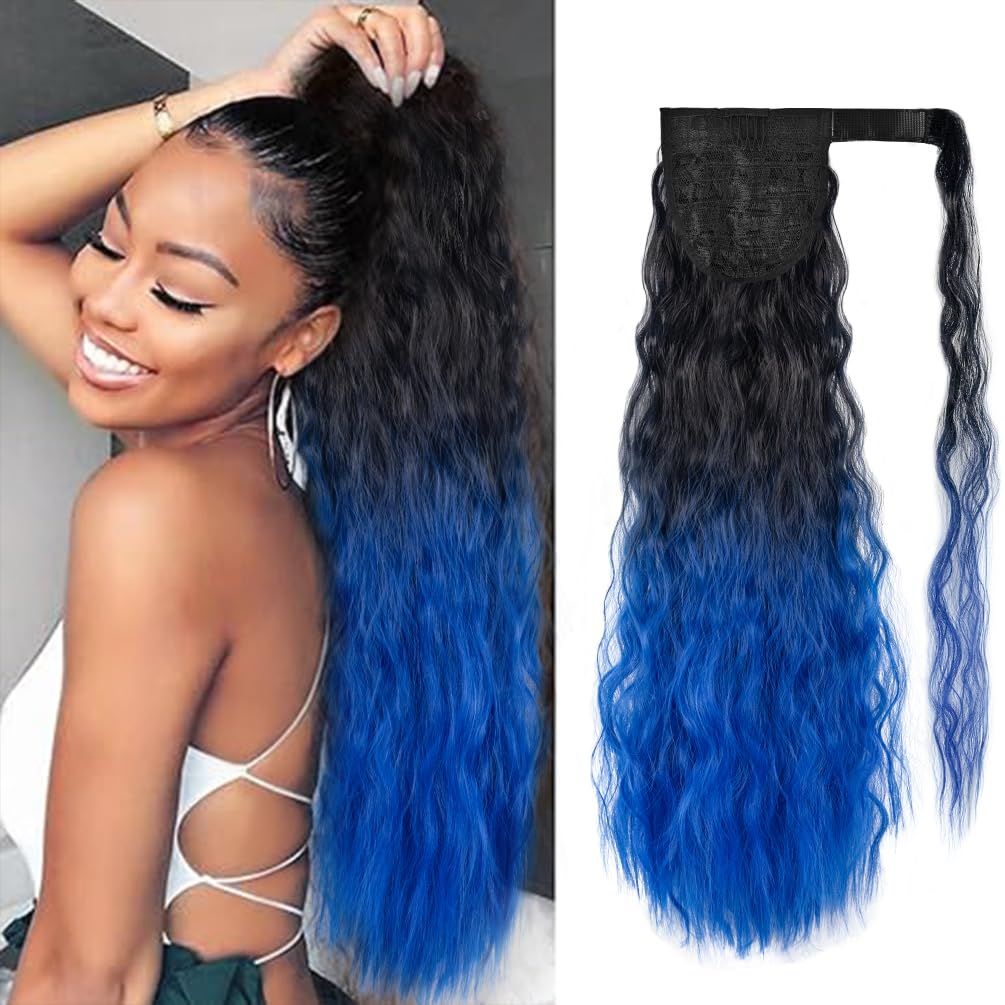 rosmile Corn Wave Ponytail Extension Wrap Around 26 Inches Long Curly Wavy Pony Tail Extension Synthetic Black to Blue Ponytails Hairpiece for Women