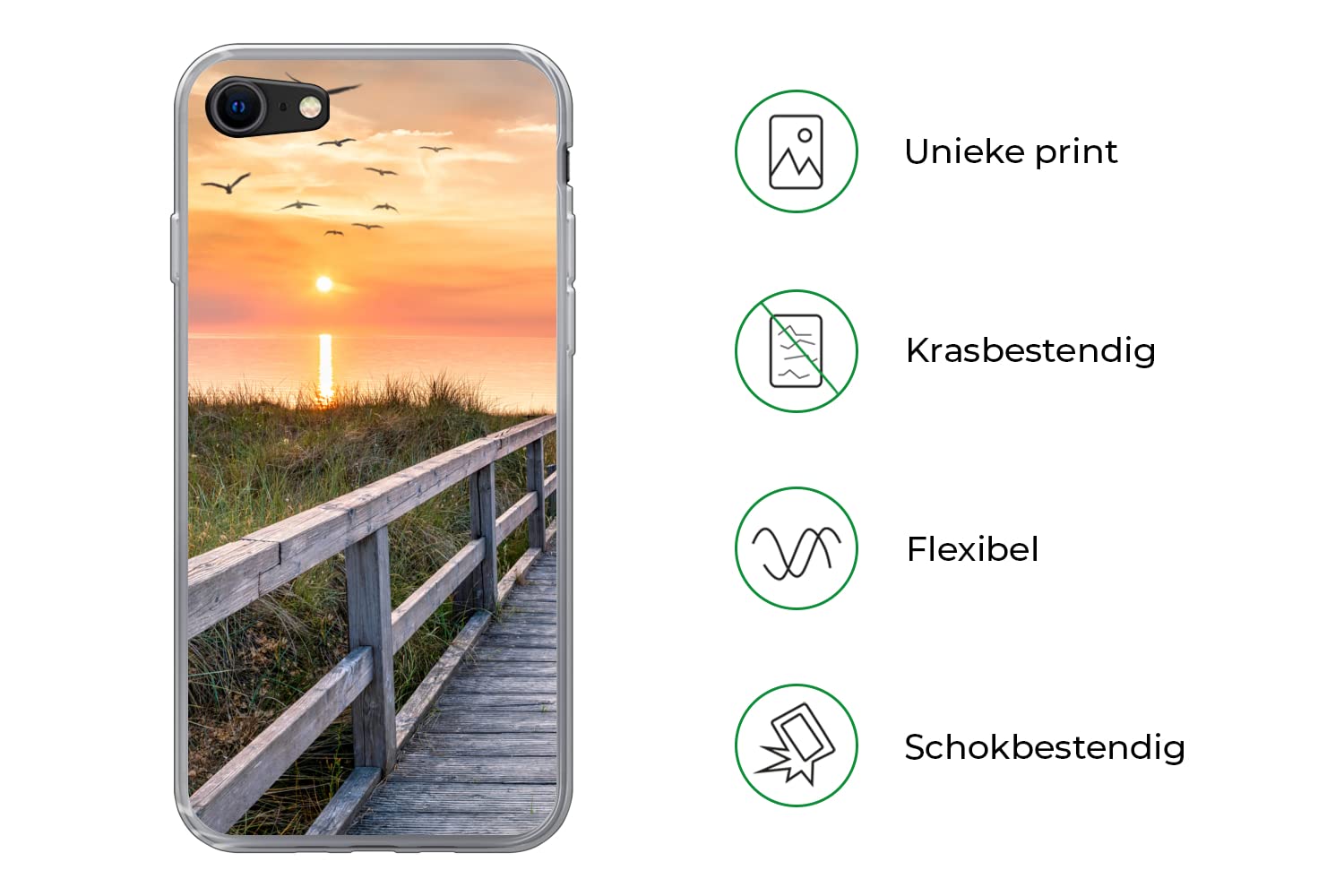 MuchoWow Funda para iPhone 7 - Puesta de Sol - Mar - Camino - Hierba - Duna - Pájaros - Funda de Silicona/Funda Blanda para teléfono móvil