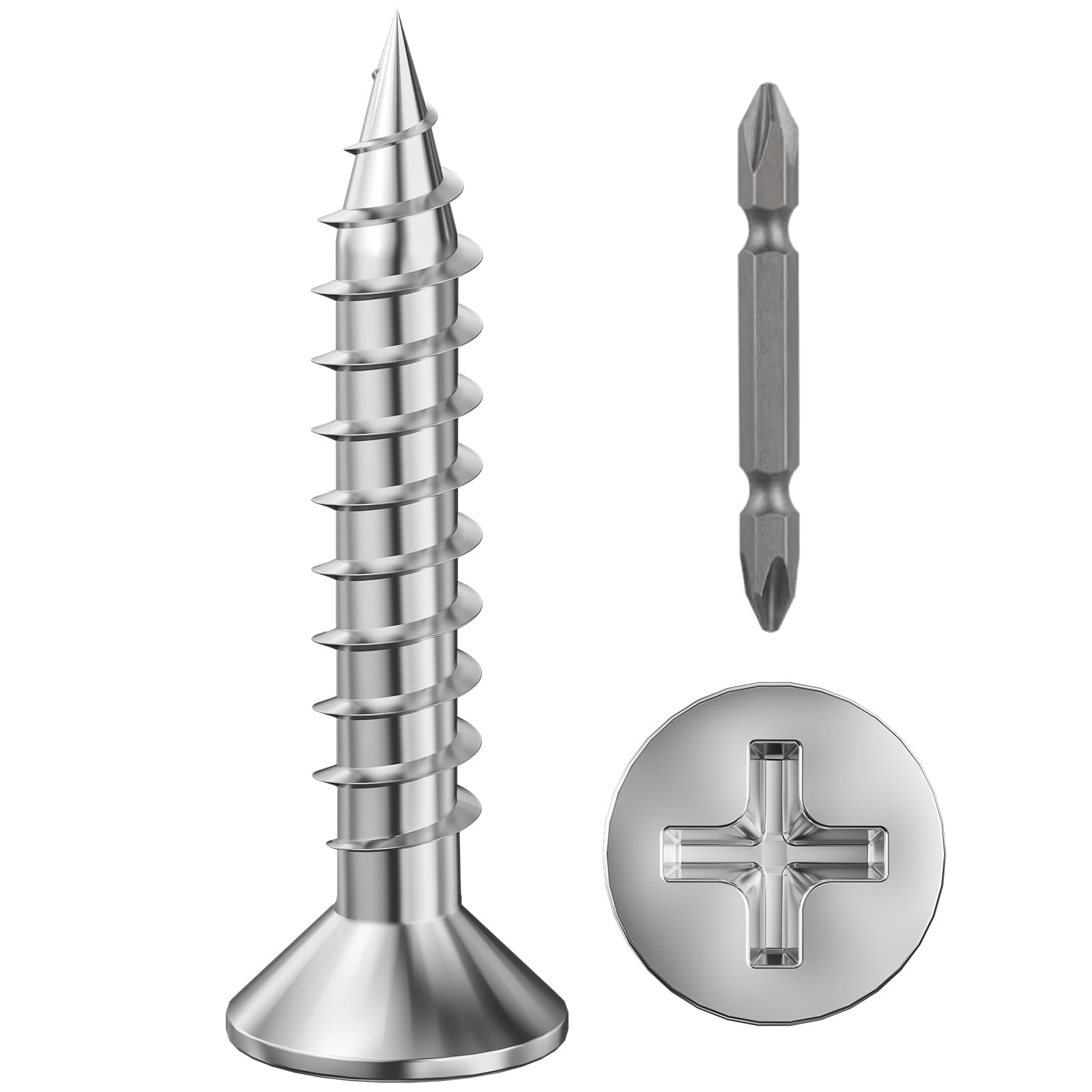 Wensilon (300Pcs) #8x1 Wood Screw Quick Metal Self Tapping Flat Head 304 Stainless Steel