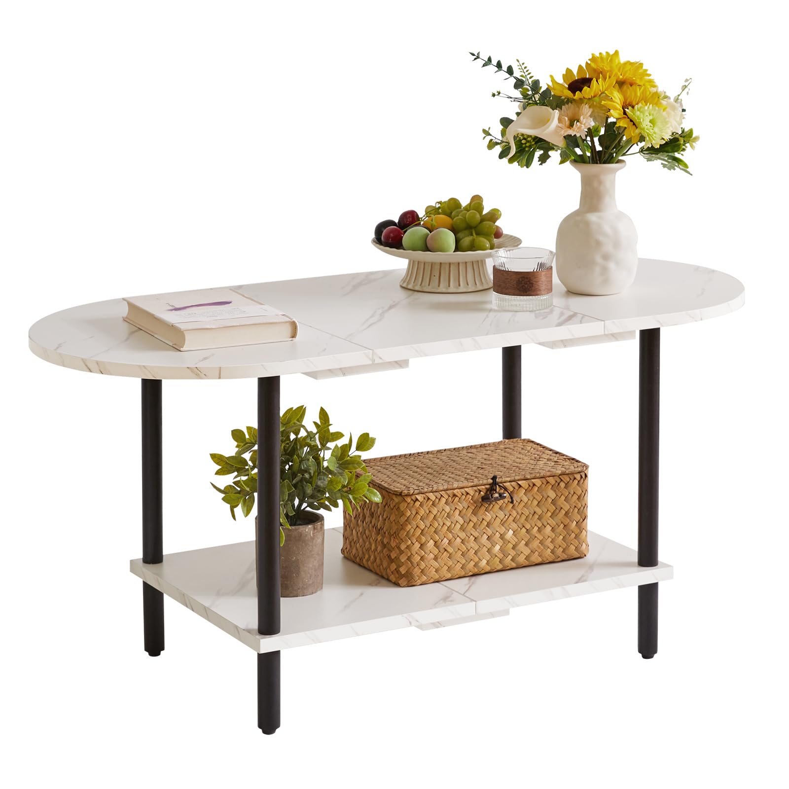 Aibiju Couchtisch,Kleiner Wohnzimmertisch, Sofatisch mit Holzbeinen und 2-stufigem Stauraum für das Heimbüro im Wohnzimmer,Moderner Stil, Weiß + Schwarze Beine, YD-011M