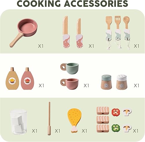 Miniatura 5 de ROBUD - Juego de cocina de madera, cocina de simulación con parrilla de barbacoa, máquina de hielo, máquina de café y accesorios, con luces y