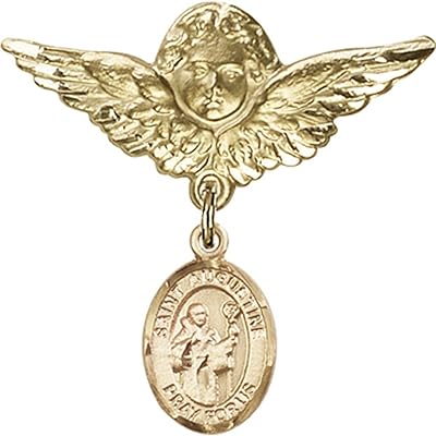 14kt Yellow Gold Baby Badge with St. Augustine Charm and Angel w/Wings Badge Pin 1 1/8 X 1 1/8 inches