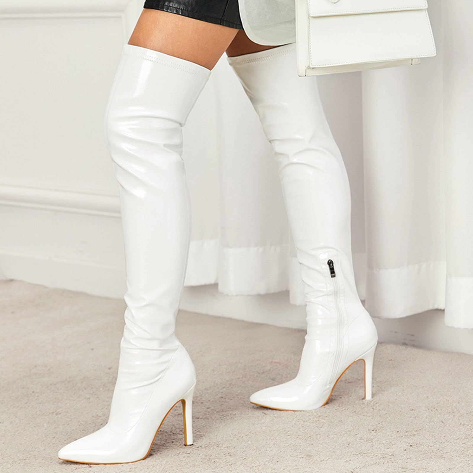 Generisch Fermeture éclair intérieure en cuir verni doux avec talon haut, bottes élastiques tendance au-dessus du genou pour l'extérieur