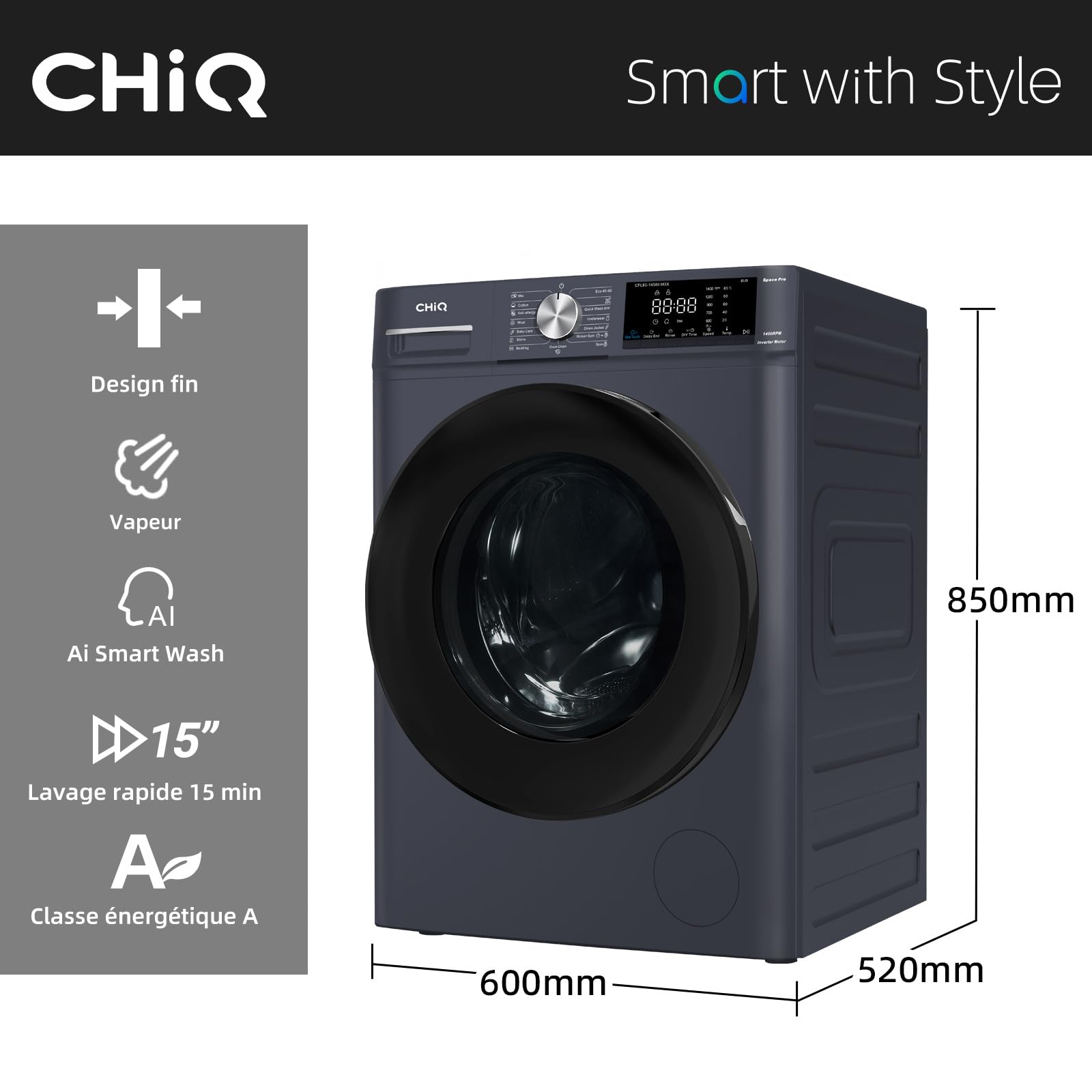 CHiQ Lave-linge CFL80-14586IM3XA 8 kg 1400 tr/min Classe A-15% Moteur Inverter stable Programme intelligent IA Fonction vapeur Gris