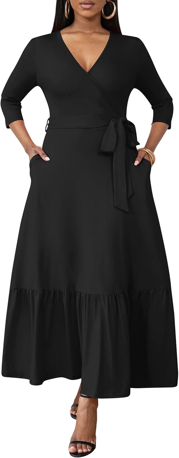 FANDEE Women Casual Summer Dresses 2024 Spring V Neck Ruffle 3/4 Sleeve Solid Boho Flowy Maxi Dress Black,XX-Large - Image 4