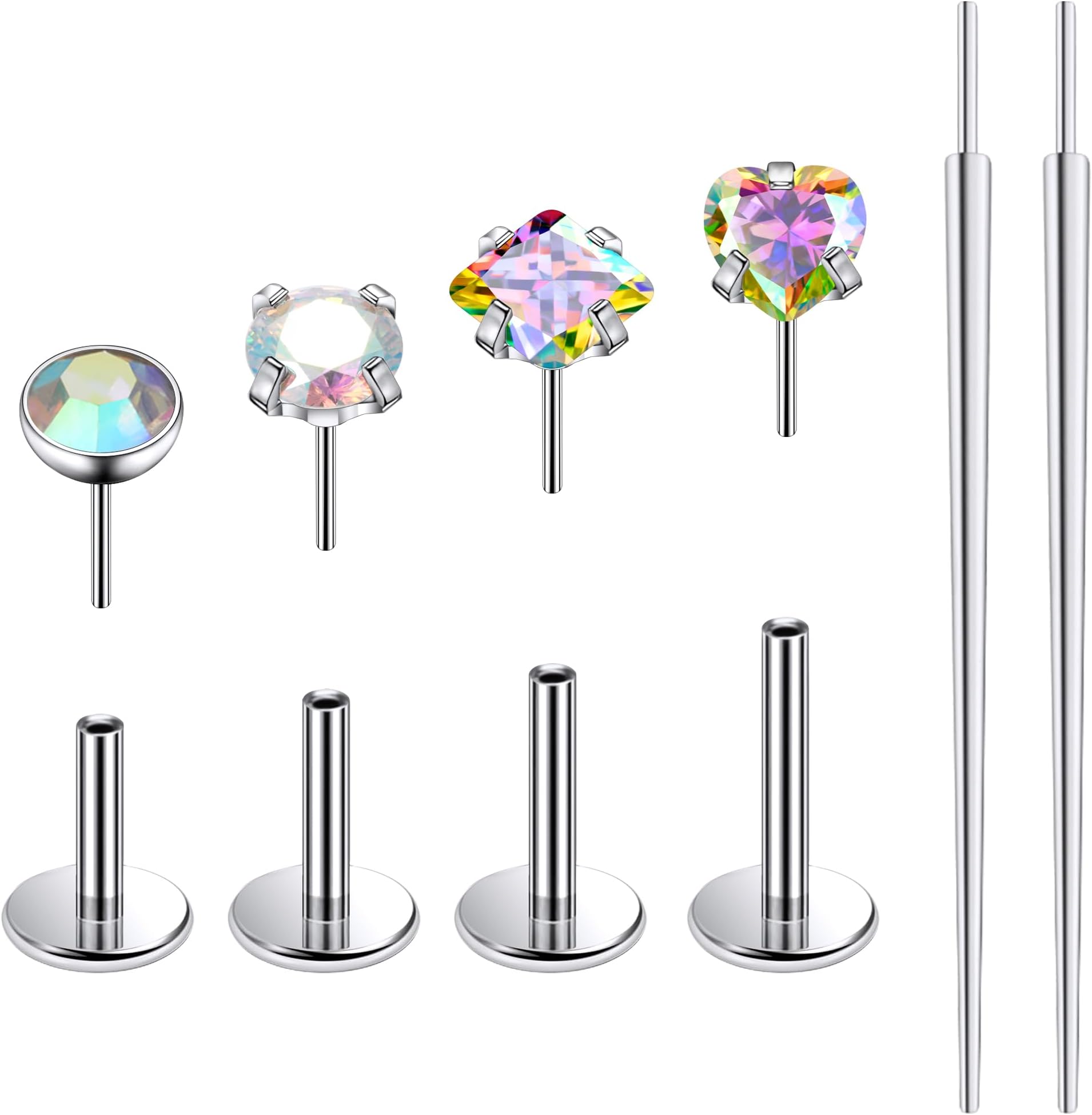 Titanium Flat Back Lip Rings Threadless Push in Earrings Studs Nose Rings 20G 18G 16G Round Heart Square CZ Tragus Cartilage Lobe Rook Helix Conch Labret Medusa Piercing Jewelry for Women Men