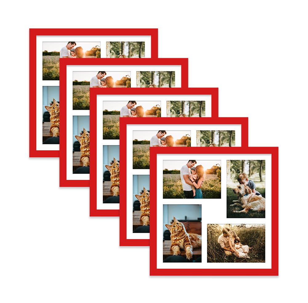 Red Multi Photo Frame - Holds 4 x 6x4 Pictures, Family Collage Picture Frame for Wall Display, 12x12 Frame size, Set of 5