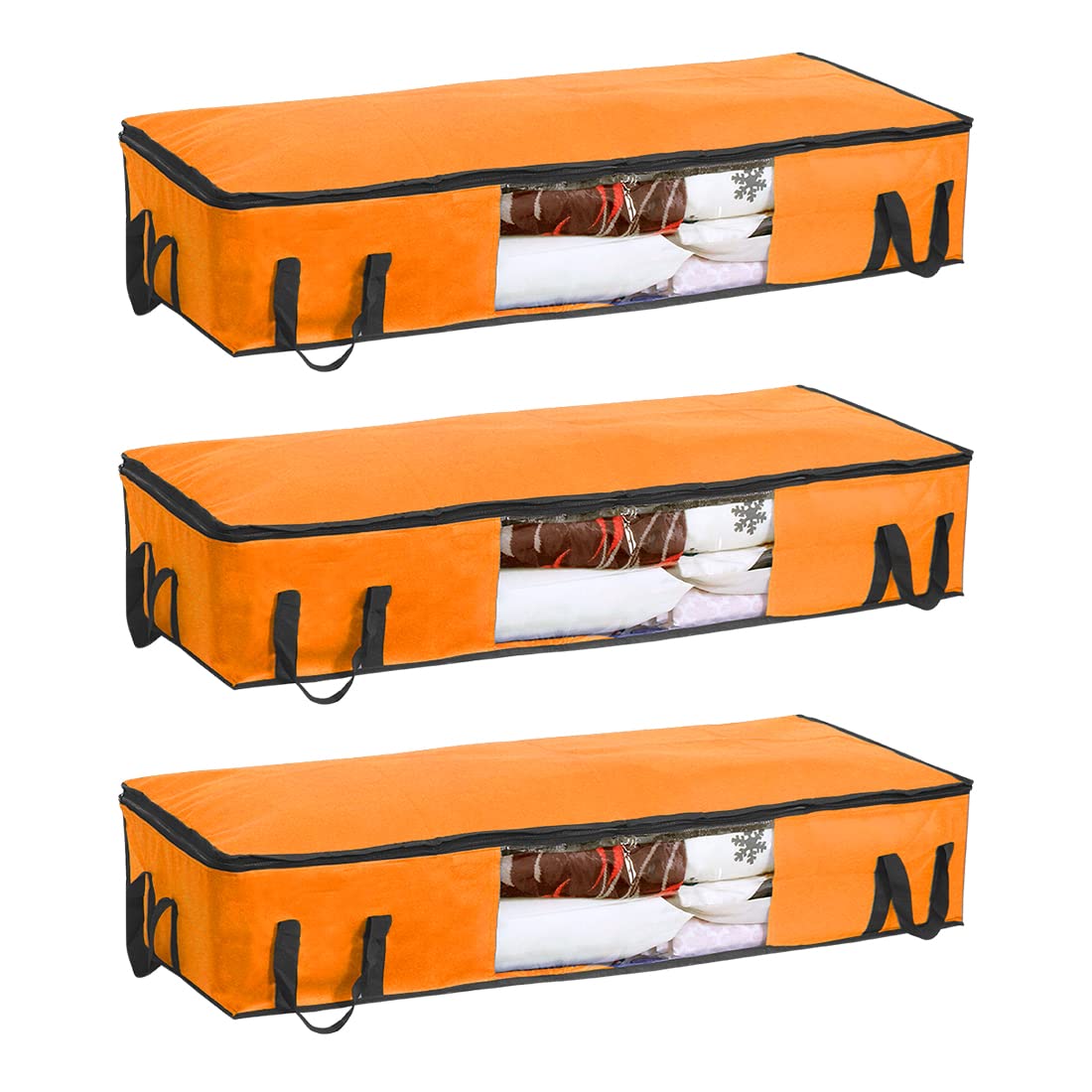 PrettyKrafts Set of 3 Non Woven Underbed Storage Bag with Handles, Clear Window & Zipper Lock | Space Saving/Foldable/Rectangular Quilt, Comforter, Blankets Storage Bag (98x40x19cm, Orange)