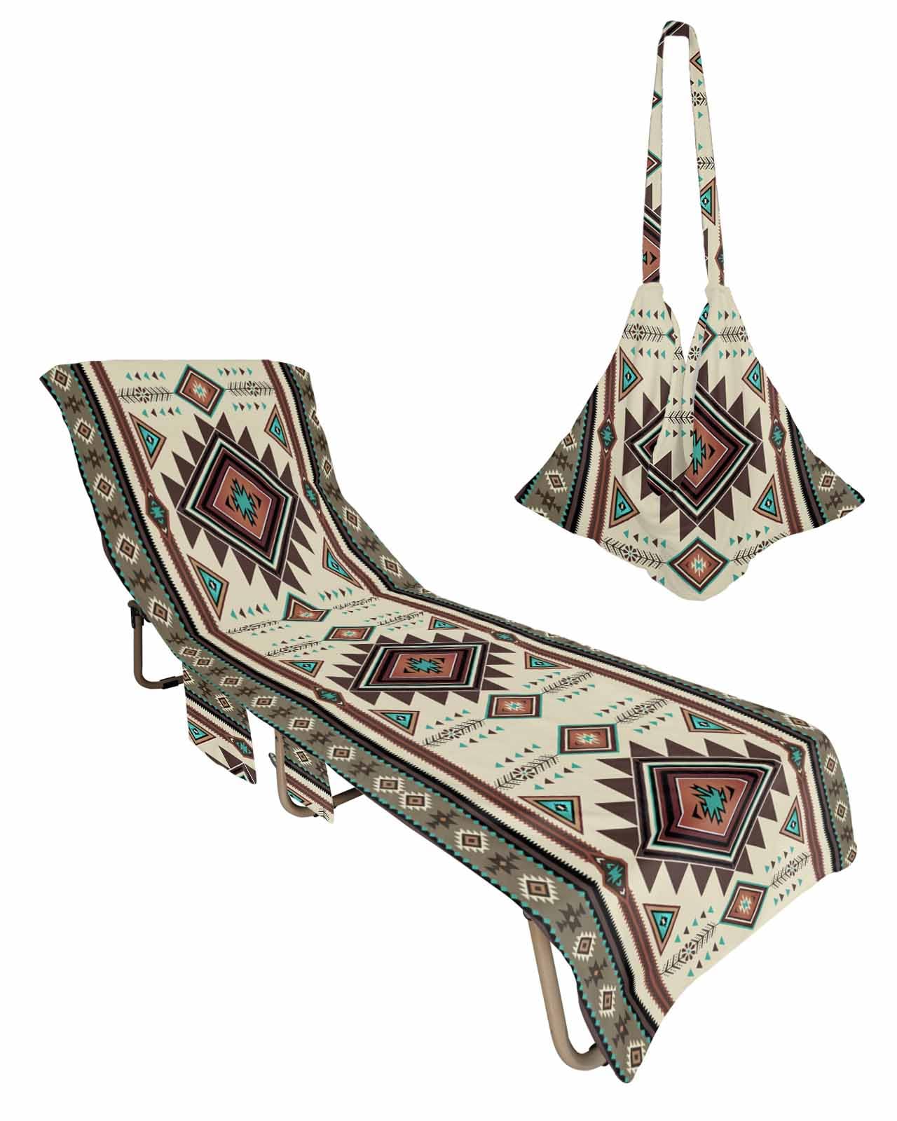 Native American Western Beach Chair Cover with Side Pockets, Microfiber & Quick Dry Pool Chaise Lounge Chair Towels Covers for Sun Sunbathing Patio Garden Hotel, Southwest Mexican Boho Brown