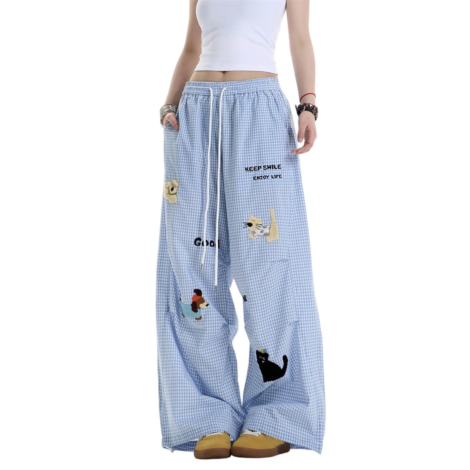 Damen-Freizeithose, lockere Passform, Karomuster, weites Bein, elastisch, hohe Taille, gerade Hose mit Taschen, volle Länge, Sommer, Freizeithose, süße Neuheit 2026, Palazzo-Hose für Damen
