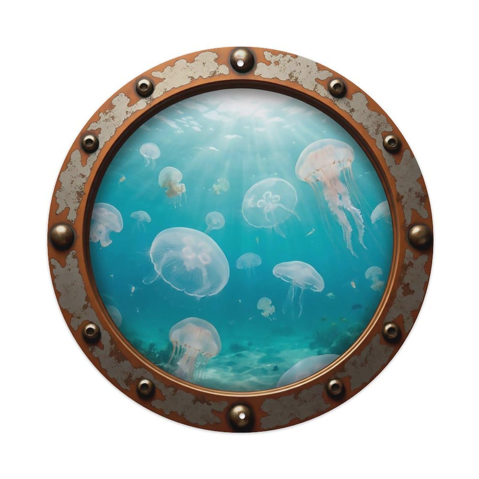 Vintage Porthole Jellyfish Drift Nautical Window View Metal Tin Sign