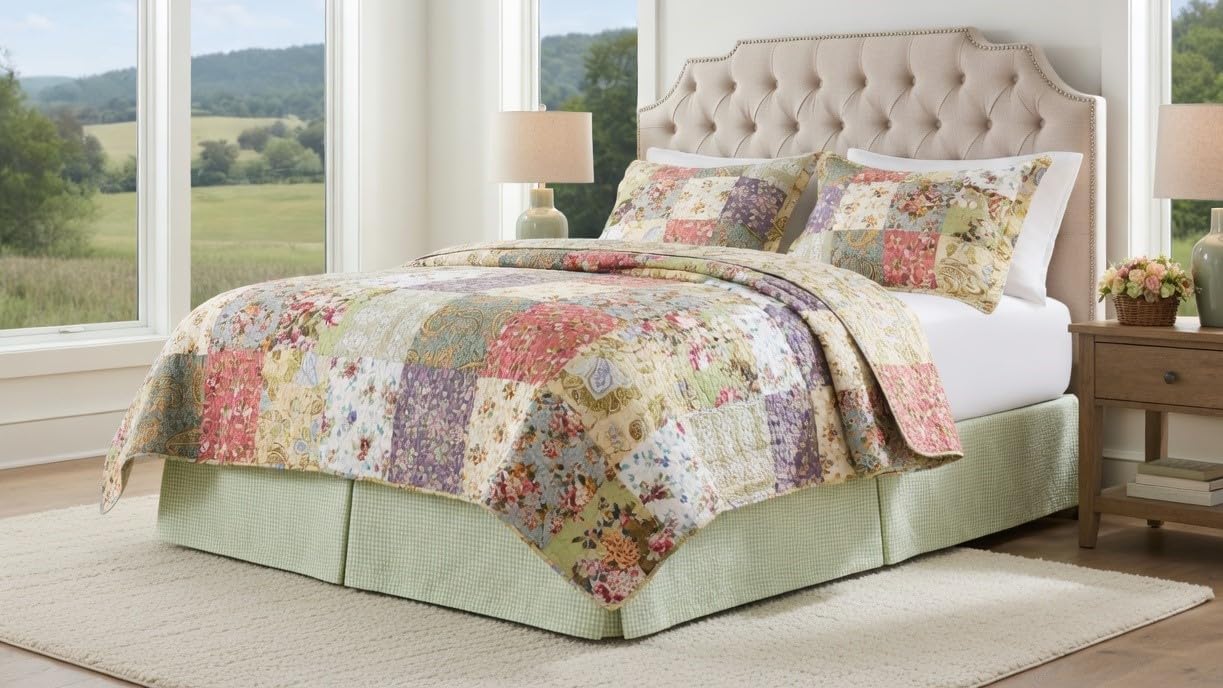 Barefoot Bungalow Coastal Life 100% Cotton Seersucker Gingham Bed Skirt, 15 in. L, Queen, Light Green