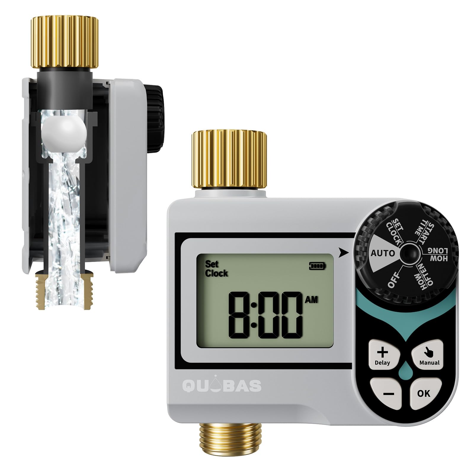 QUOBAS Kugelhahn-Sprinkler-Timer, programmierbare Wasser-Timer für Gartenschlauch-Wasserhahn mit Messinganschlüssen, Regenverzögerung/manuelles/automatisches Bewässerungssystem