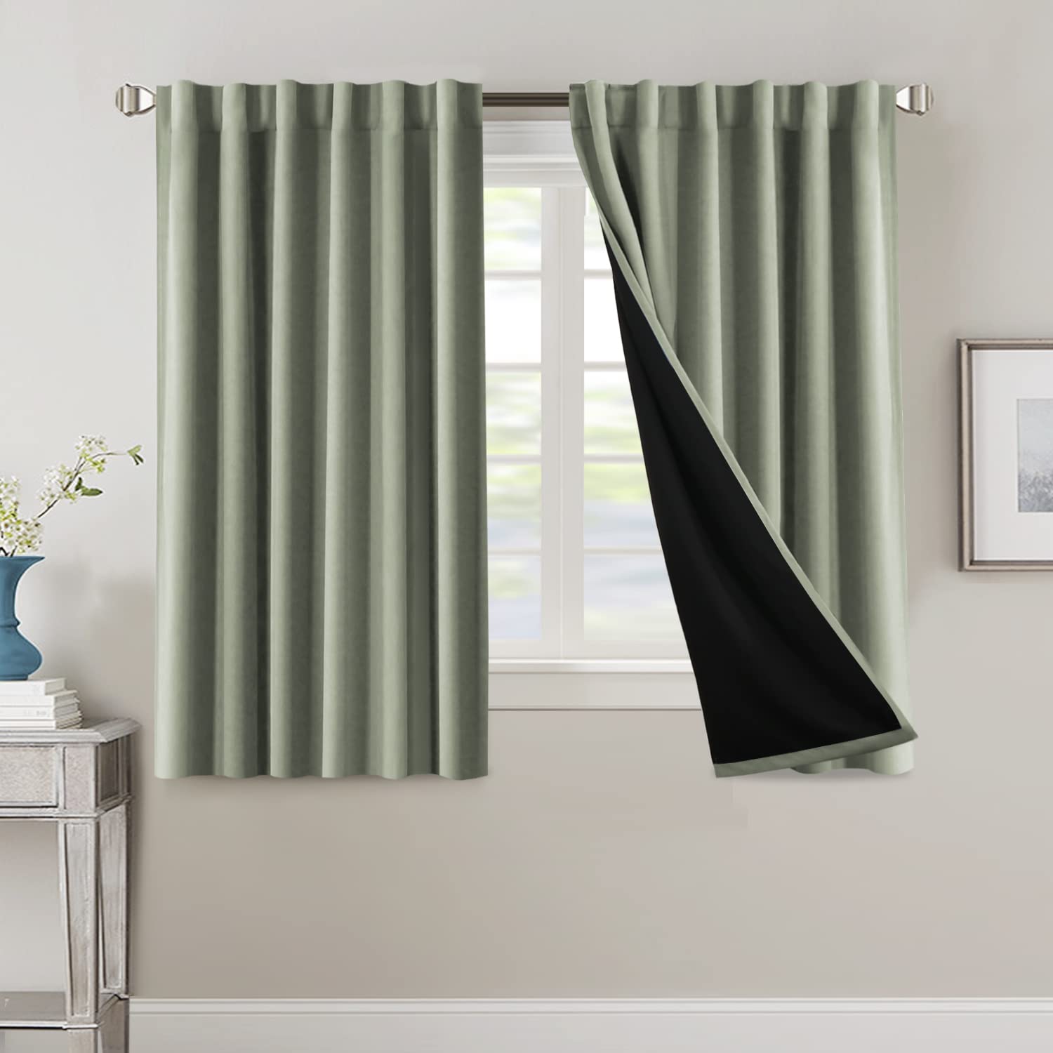 100% Blackout Curtains for Bedroom with Black Liner Full Room Darkening Curtains 54 Inches Long Thermal Insulated Back Tab/Rod Pocket Window Treatment Drapes for Living Room, Sage, 2 Panels