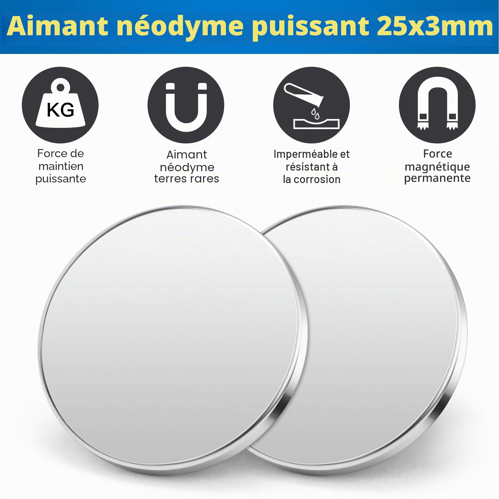 Wukong Aimant Puissant, 25x3mm | 10 Pièces Aimant Neodyme Super Puissant, Petit Aimants Rond, Aimants Adhesif pour le Bricolage, la Science, le Bureau, la Cuisine et l'entrepôt