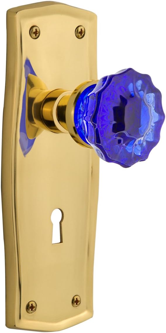 Nostalgic Warehouse 723002 Prairie Plate with Keyhole Single Dummy Crystal Cobalt Glass Door Knob in Polished Brass