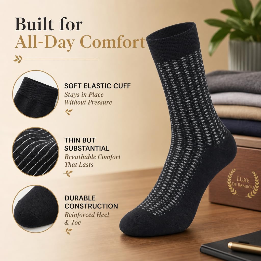 Luxe De Bamboo Rayon Socks | Mens Dress Socks For Men | Charcoal And Black Sock For Men | 5-Pack In A Gift Box