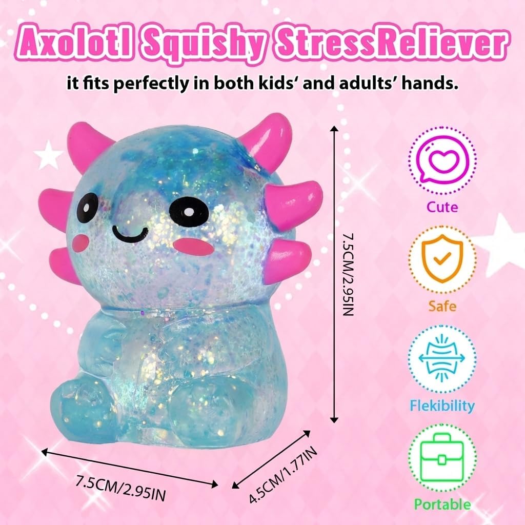 Axolotl Squishy Stress Toy – Cute Sitting Axolotl Fidget Toy Soft Squeeze Sensory Toy for Kids & Adults, Anxiety Relief Desk Toy, Party Favor (Blue)
