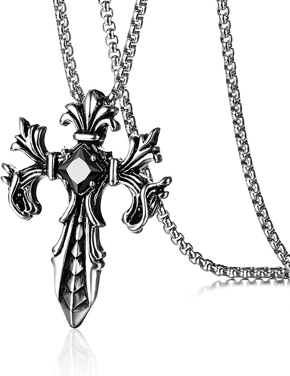 Gothic Cross Necklace for Men Vintage Black Red Crystal Pendant Necklace Punk Stainless Steel Cross Dragon Head Necklace Hip Hop Rock Dragon Sword Necklace Halloween Christmas Jewelry