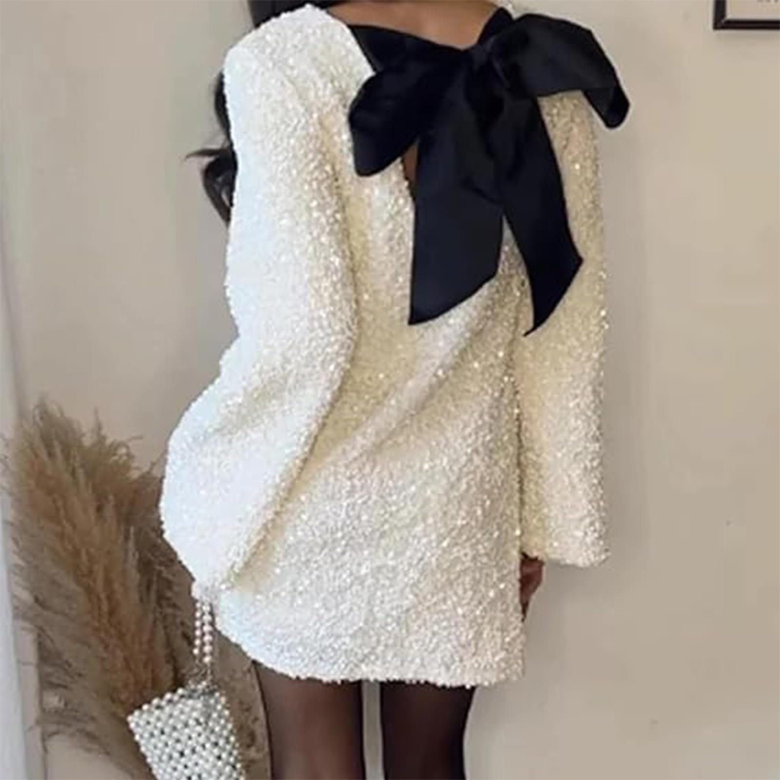 Vestido corto de lentejuelas para mujer, ajuste holgado, manga larga, acampanado, con lazo en la espalda, vestido corto de lentejuelas, vestido de concierto, vestido de festival