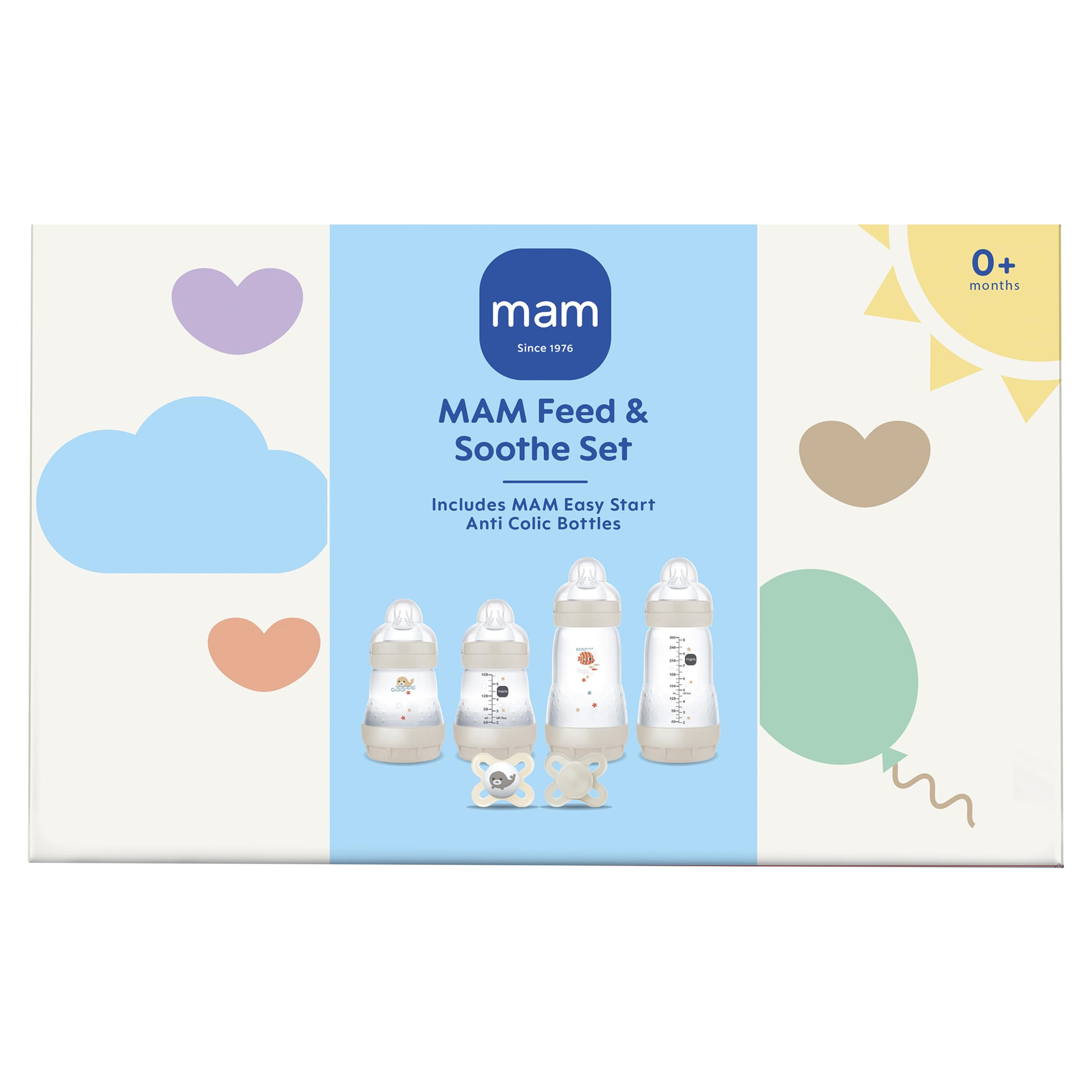 MAMFeed & Soothe Set | Anti-Colic Newborn Feeding Bottles x4 and Soothers x2 | Suitable from 0+ Months | Baby Accessories | Unisex (Various Designs)