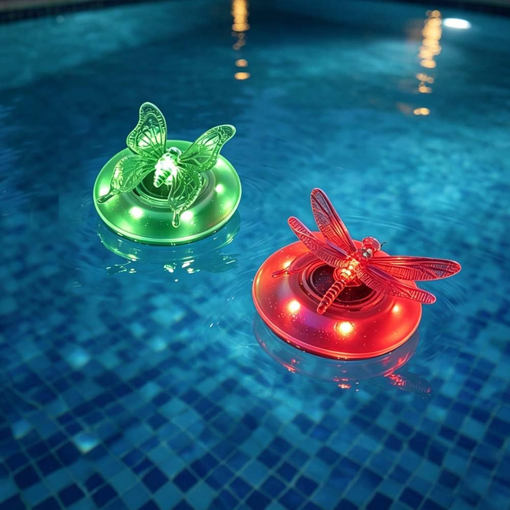 Yofhpt Colour Changing 2Pcs Solar Pool Lights Floating, Floating Pond Lights Solar Powered, Butterfly & Dragonfly Design, Waterproof So-Lar Powered Glow Lig-Hts For Garden Yard