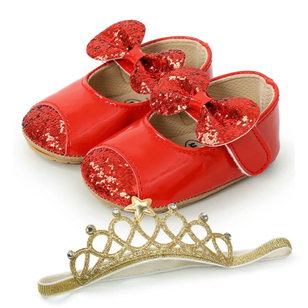 ZBDP - Scarpine per neonata + fascia per capelli, alla moda, con paillettes, fiocco, antiscivolo, per il battesimo