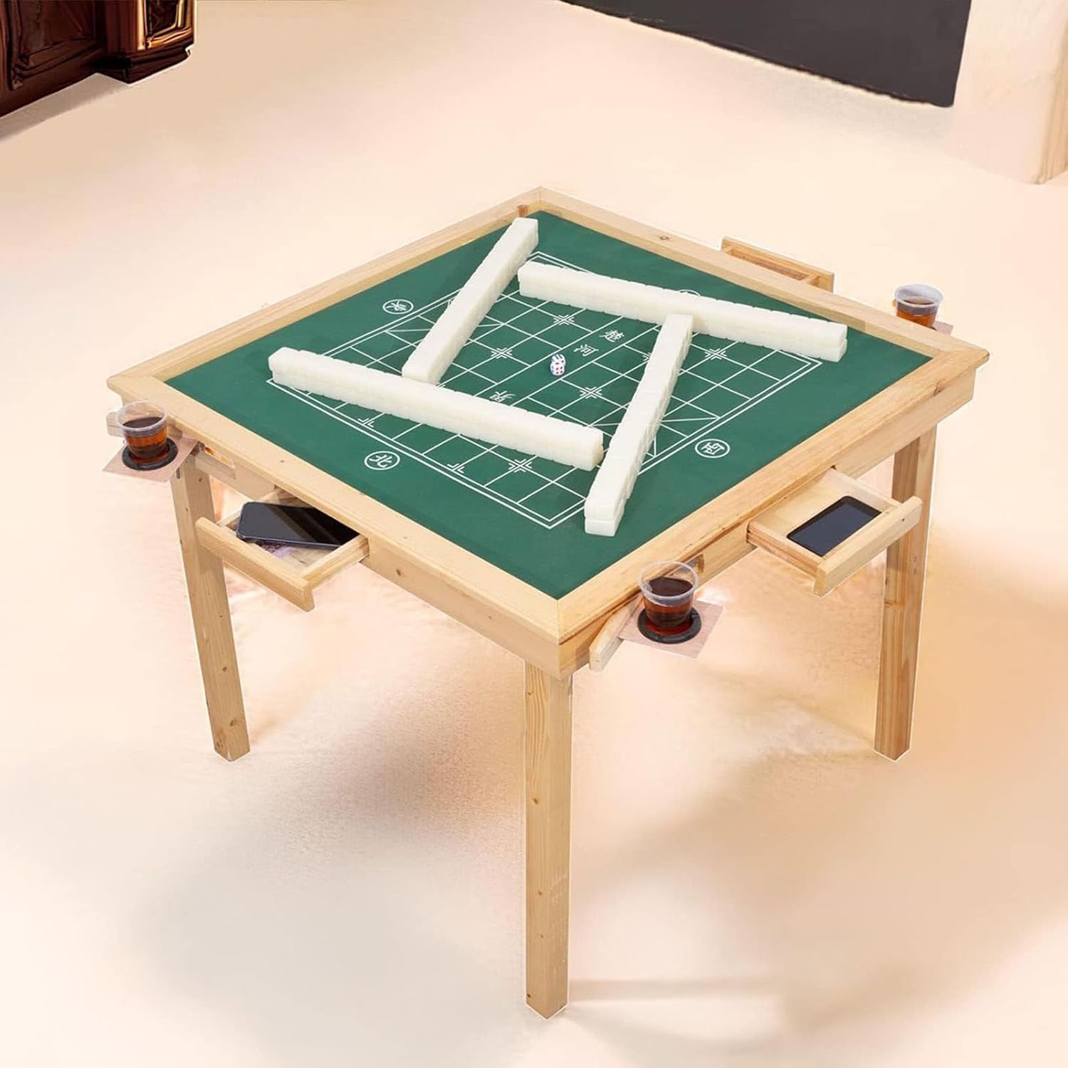 Składany stół mahjong do pokera, gier karcianych i gier planszowych z 4 uchwytami na kubki i 4 rowkami na żetony
