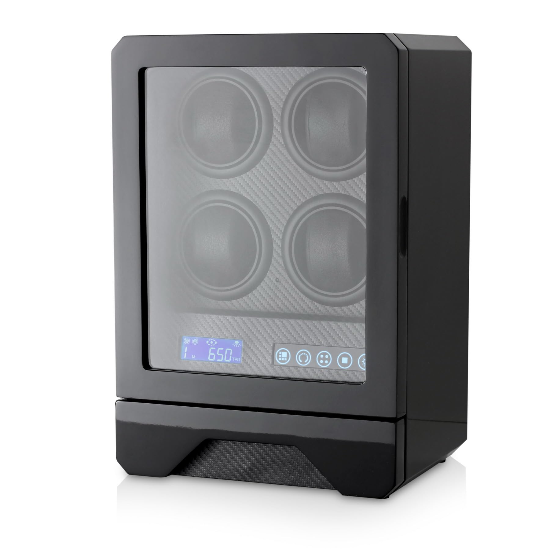 Enrollador automático de relojes para 4 relojes con luz LED, pantalla LCD, control remoto y cajón de almacenamiento, Negro -, Bobinador de relojes