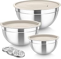TeamFar Stainless Steel Nesting Mixing Bowls Set of 3 with Lids & 3 Grater Attachments - 1.5/3/4.6 QT Khaki, Dishwasher Safe