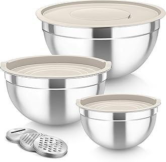 TeamFar Mixing Bowls, Stainless Steel Nesting Salad Bowls with Lids Set of 3 & 3 Grater Attachments, For Mixing/Serving/Storing, Non-toxic & Long-lasting, Size 4.6/3 / 1.5 QT, Khaki