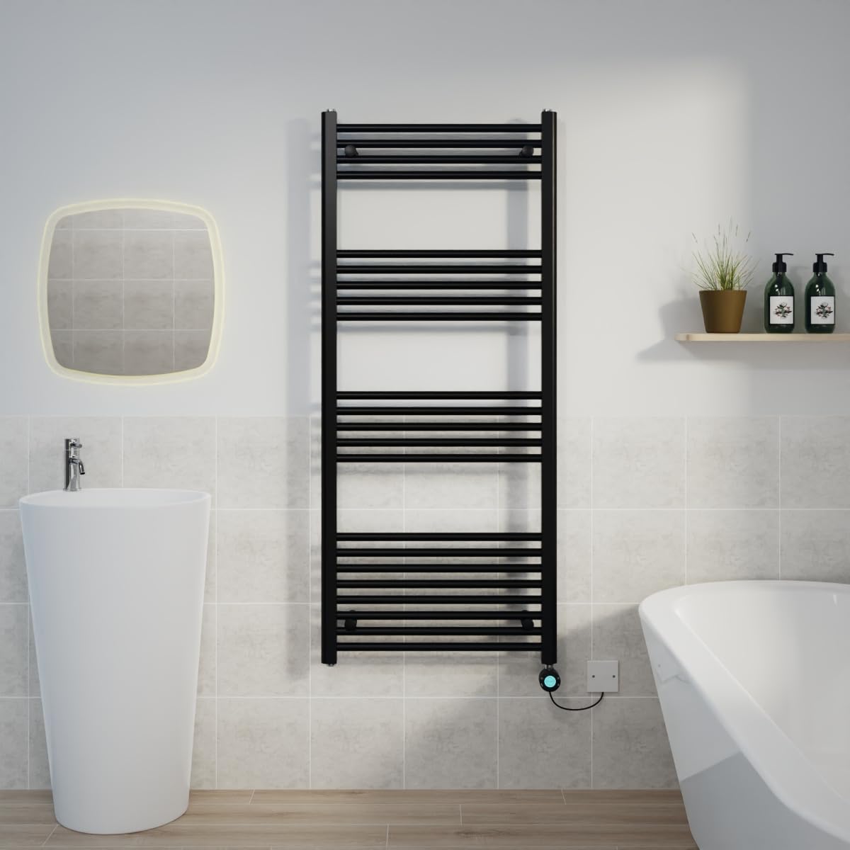 Warmehaus Black Electric Heated Towel Rail Straight Thermostatic Bathroom Towel Radiator With Timer - 1400X600mm 800W