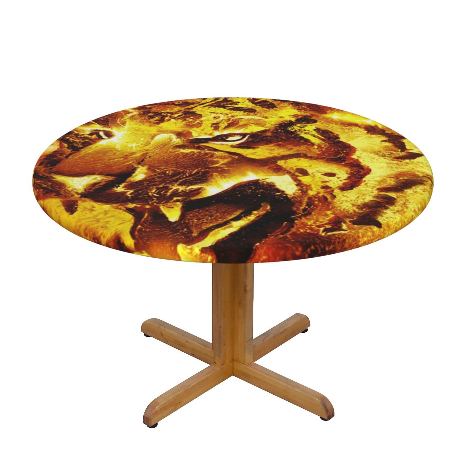 Lsjuee Round Fitted Tablecloth 40-44in Elastic Edged Table Cloth for Kitchen Dining Party Home Decor - Fire Tiger Flame Black